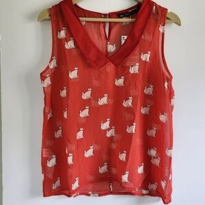 Zara Trafaluc Collection Sheer Red Sleeveless Blouse With Cat Pattern Size Large